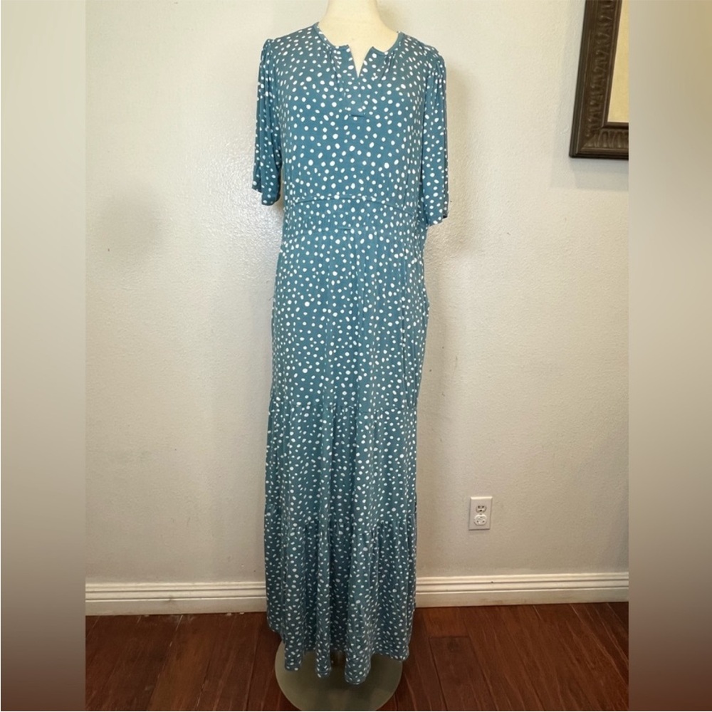 Serra Blue Polka Dot Maxi Dress Smocked Waist Tiered Pockets XL Split Vneck